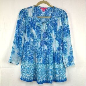 Lilly‎ Pulitzer Sky Blue Pintuck Blouse Floral Tassles Long Sleeve Light